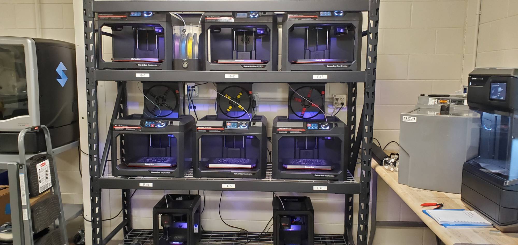 makerbot 3D printer rack in the rapid prototyping lab